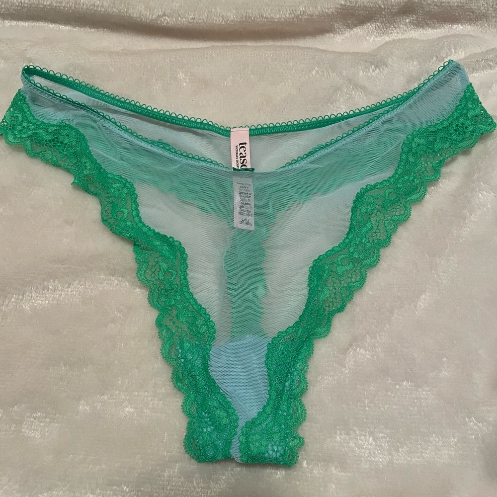Vintage Tease by Victoria’s Secret Lace Trim Sheer Thong Panties, Size Large